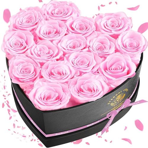 16-Piece Forever Flowers in Heart Shape Box - Preserved Roses, Birthday Gifts for Women - Anniversary, Wedding Gifts- Pink